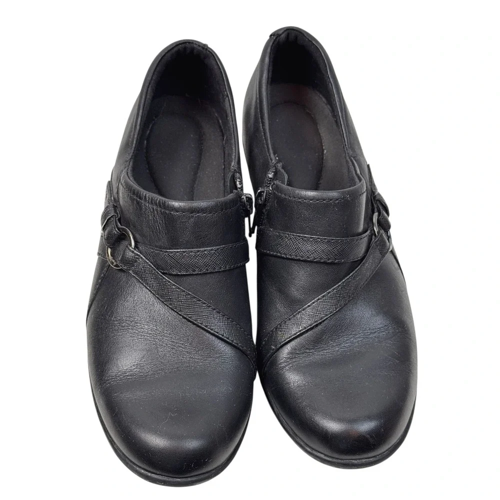 Clarks Loafers Genette Arc Black Leather Women‎ Size 8M Wedge Heel Comfort Shoes